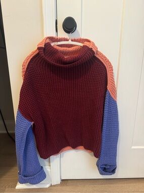Free People Colorblock Turtleneck Sweater - Burgundy, Peach & Lavender